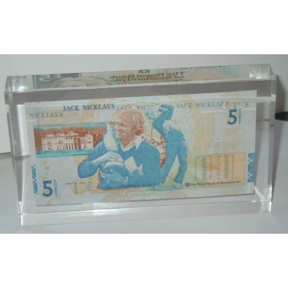 Jack Nicklaus Commemorative £5 Notes encased paperweight. T9